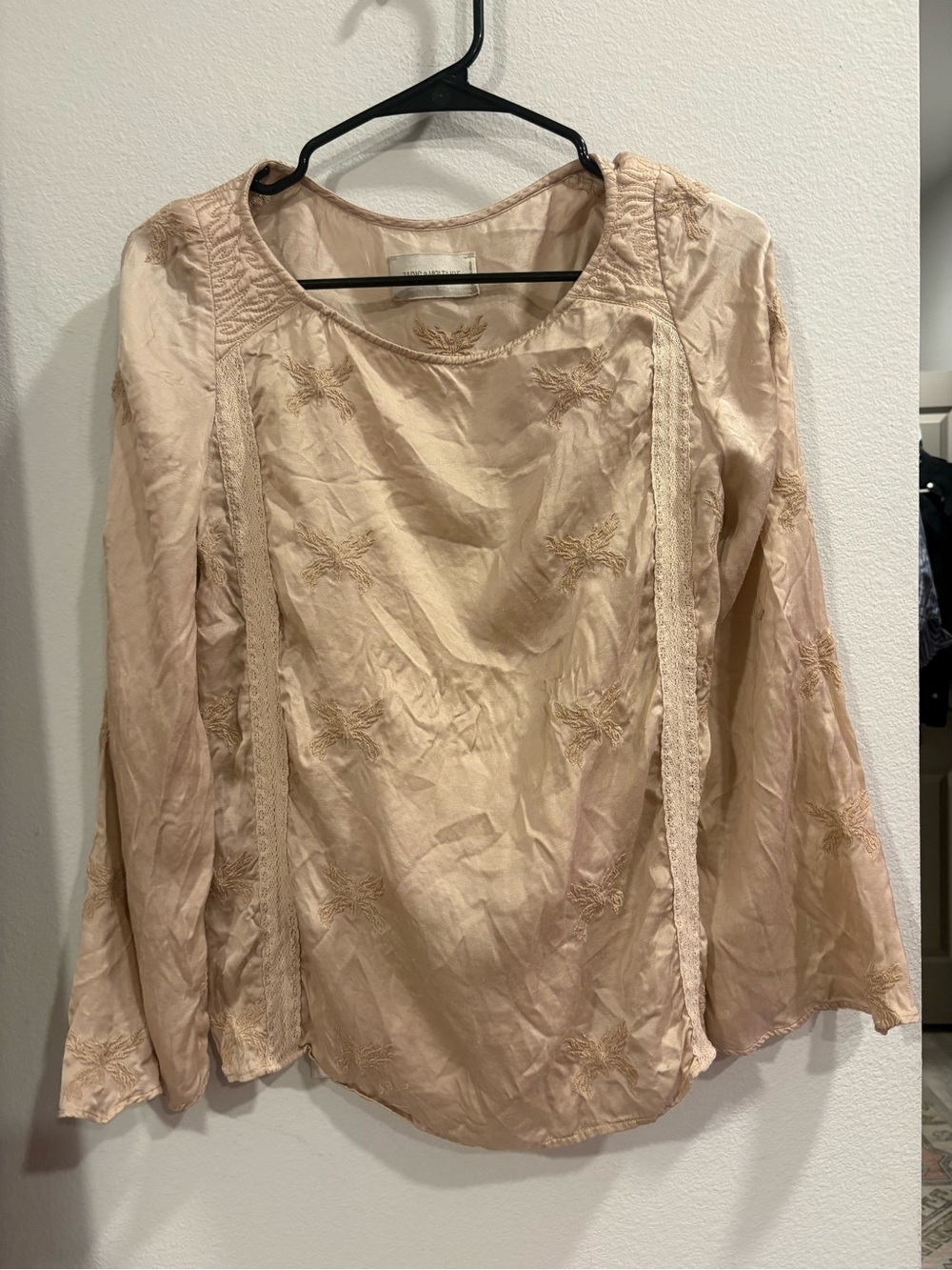 Zadig & Voltaire Silk Embroidered Boho Blouse Beige Lace Trim Top Small